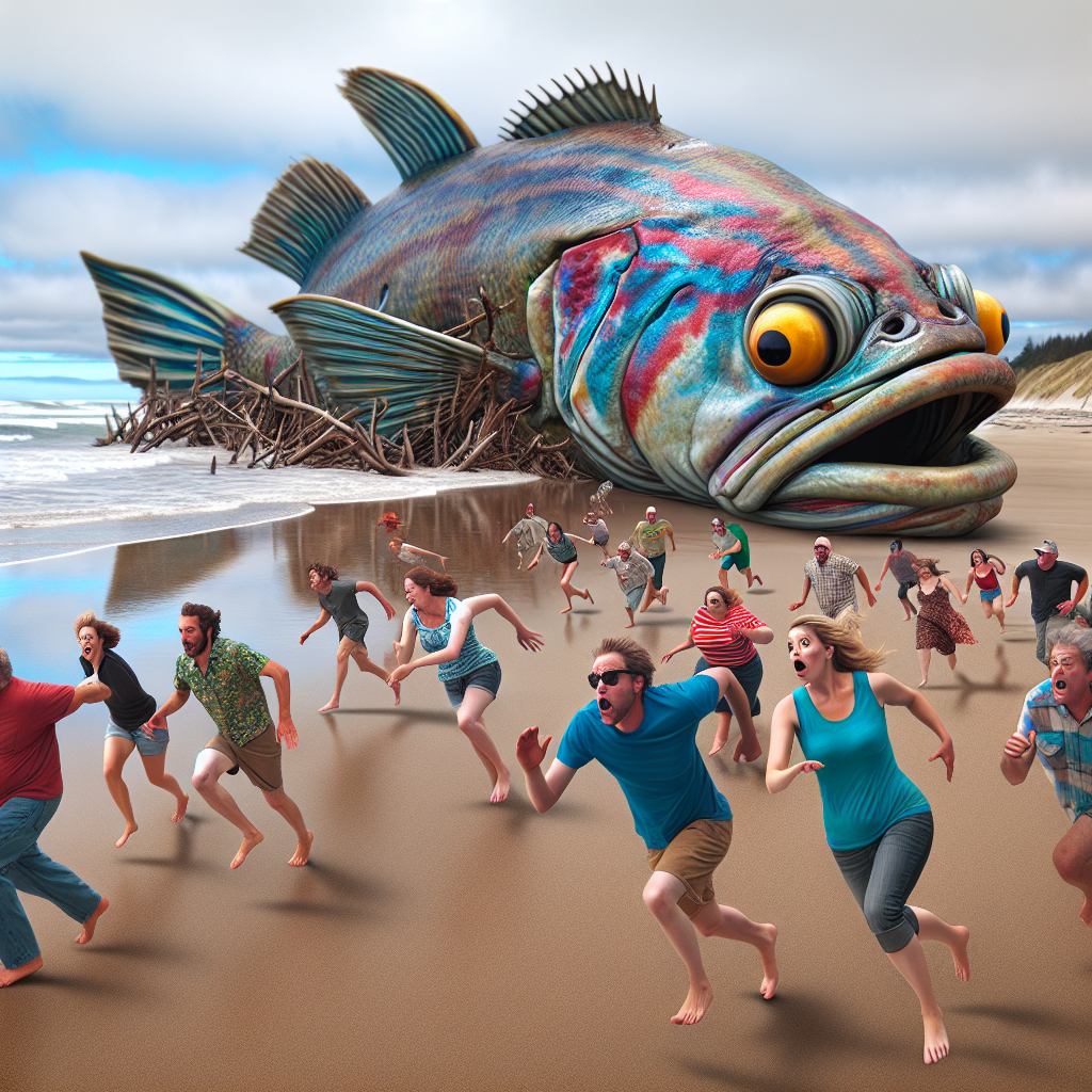 GIANT MUTANT FISH WASHES UP ON OREGON BEACH, RESIDENTS RUN FOR COVER

In a bizarre incident that has left scientists baffled and beachgoers bewildered, a gargantuan fish described as “the stuff of nightmares” washed up on a beach in Oregon yesterday