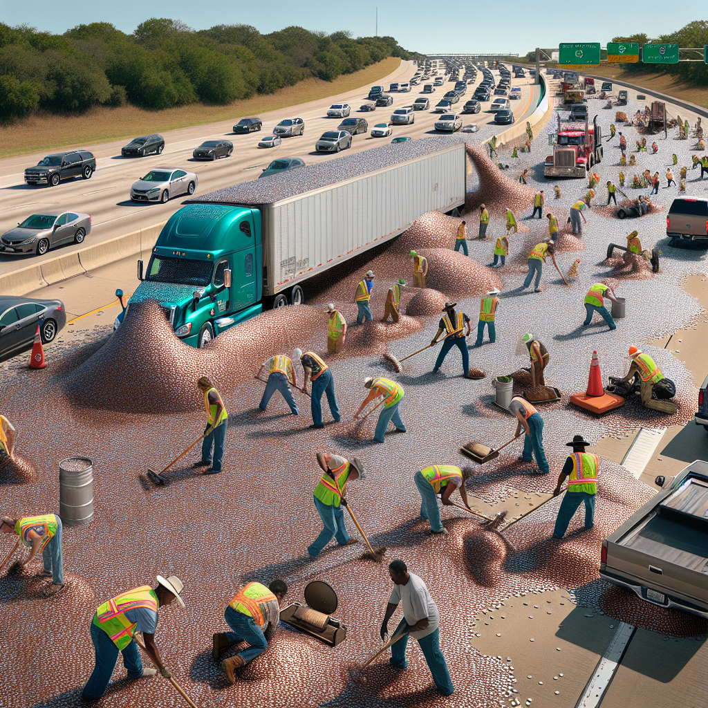 BREAKING: Texas Road Chaos: 8 MILLION Dimes Spill Across Highway, Crews Scramble to Clean Up Coin Chaos!

In a bizarre incident that has left residents of small town, Texas, scratching their heads, a tractor-trailer carrying a staggering 8 MILLION Dimes – that’s $800,000 worth of loose change – overturned on a major highway yesterday, sending the shiny coins flying in every direction