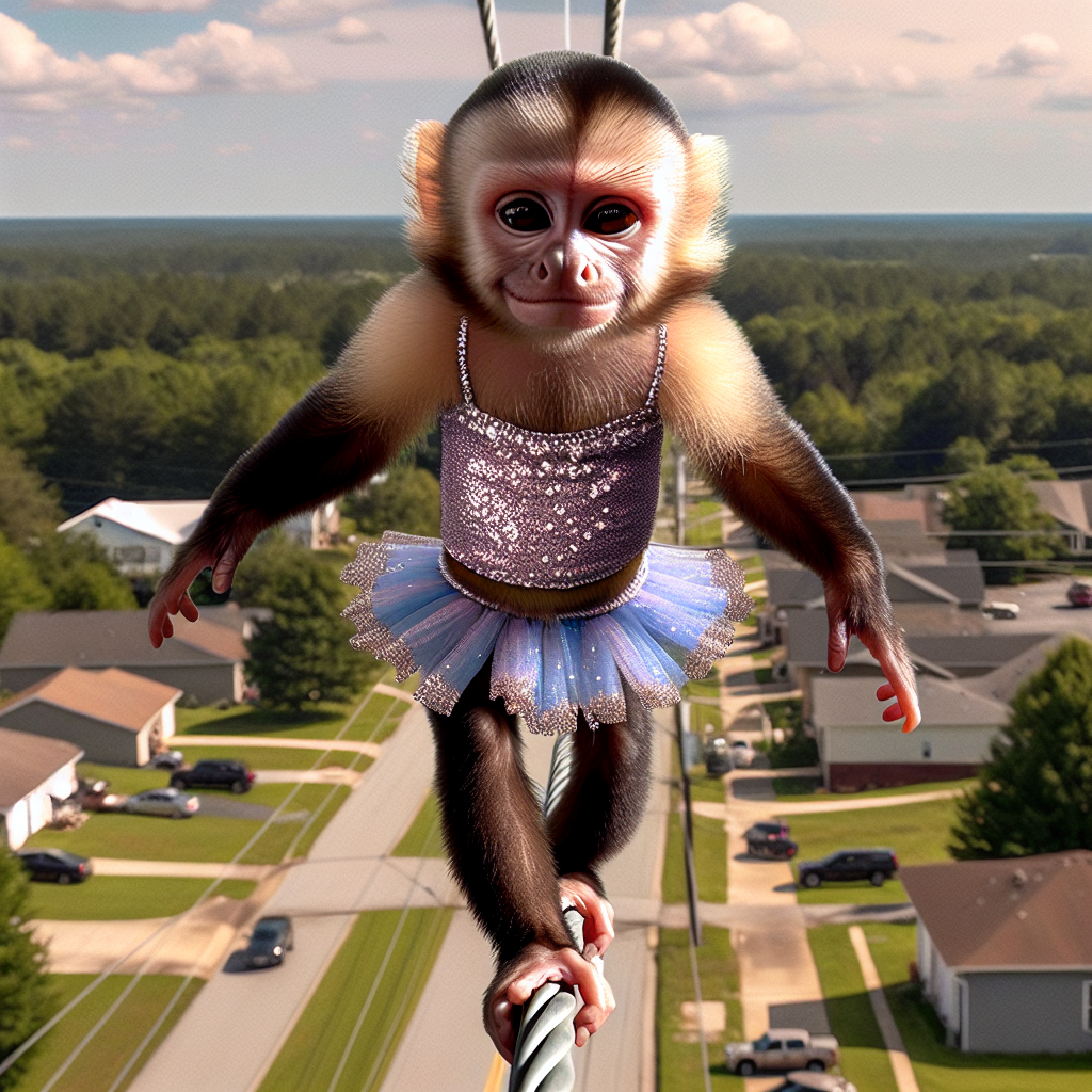 BREAKING: MISCHIEVOUS MONKEY ON THE LOOSE!

In a daring escape that has left zoo officials bananas, a sassy 5-year-old female capuchin monkey named “Mango” broke free from her enclosure at Zootastic Park in North Carolina and was spotted walking across utility lines in Iredell County like she owned the place!

Eyewitnesses described the scene as ” absolute chaos” as Mango, donning a sparkly tutu and a mischievous grin, strolled across the high-voltage lines like a furry, primate tightrope walker
