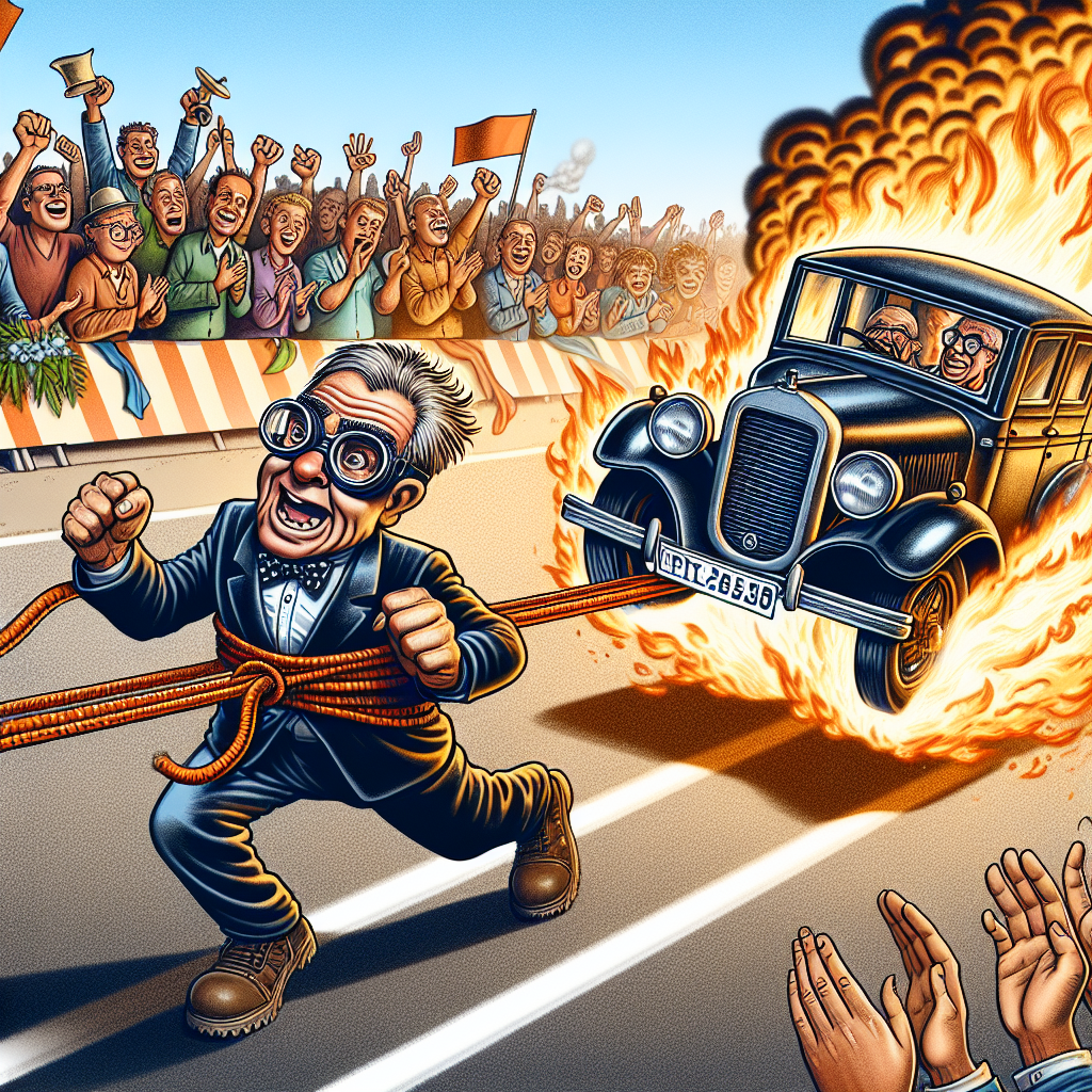BREAKING: Austrian Daredevil Sets New Record for Most Unnecessarily Dramatic Stunt Ever

In a jaw-dropping, eyebrow-raising, and possibly-insane feat, Austrian thrill-seeker, Helmut “The Human Torch” Huber, has set a new Guinness World Record for pulling a car while on fire for a staggering 328 feet in a blistering 56