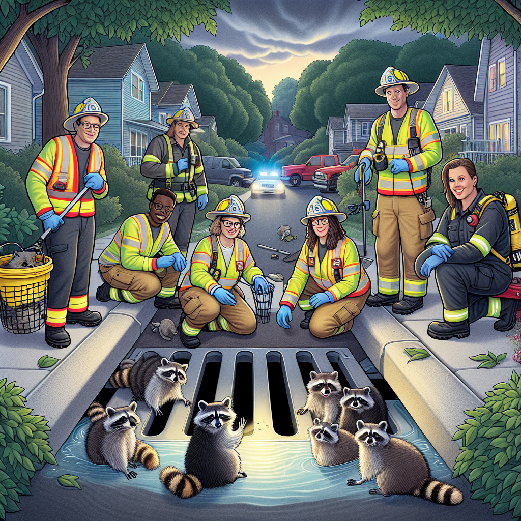 BREAKING: Raccoon Squad Saved from Certain Doom in Rhode Island Drain

In a daring rescue mission that has left the nation in awe, a team of brave emergency responders saved a group of six raccoons who were trapped in a storm drain in suburban Rhode Island yesterday evening