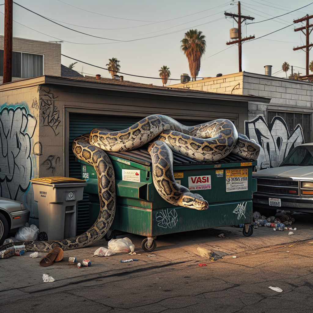 Los Angeles Residents Shocked to Discover 20-Foot Snake Has Decided to Take Up Residency in a Dumpster

In an awe-inspiring twist that surely left residents scratching their heads, a 20-foot python was recently discovered lounging nonchalantly atop a dumpster in a Los Angeles garage