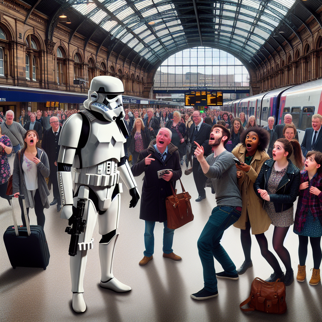 BREAKING: GALACTIC PANDEMONIUM ERUPTS AT SCOTTISH TRAIN STATION AS STORMTROOPER SIGHTING SPARKS MASS HYSTERIA

In a bizarre incident that has left residents of Glasgow, Scotland, utterly bewildered, a reported armed man at a local train station was revealed to be none other than a Stormtrooper from a galaxy far, far away