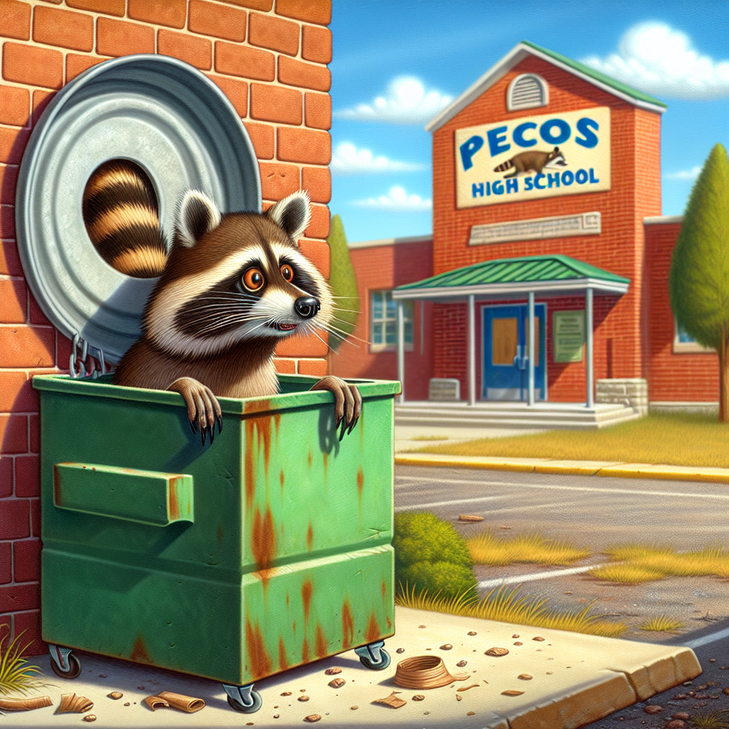 BREAKING: RACCOON’S GREAT ESCAPE ATTEMPT FOILED BY DUMPSTER DEBACLE

In a bizarre incident that has left residents of the small town of Pecos, Texas, scratching their heads, a mischievous raccoon found itself in a sticky situation when it got its head stuck in a hole in a dumpster at Pecos High School