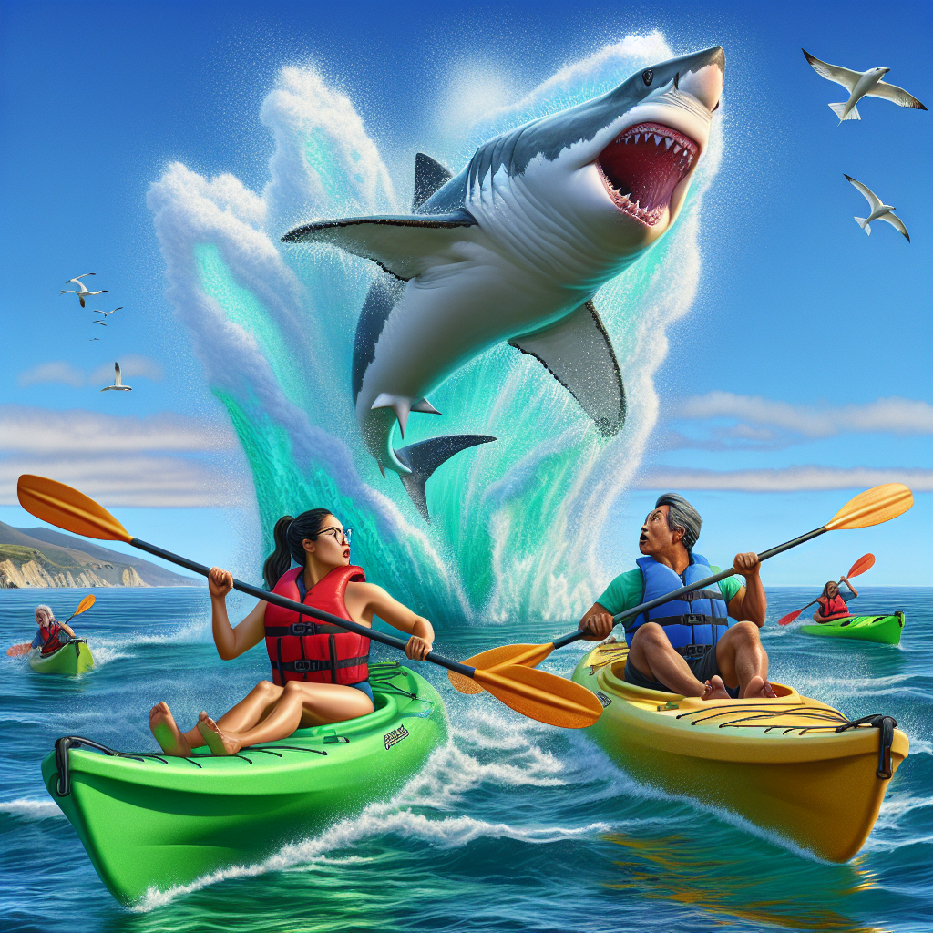 BREAKING: CALIFORNIA KAYAKERS’ JAW-DROPPING, HEART-STOPPING, LIFE-CHANGING ENCOUNTER WITH 10-FOOT GREAT WHITE SHARK CAUGHT ON CAMERA!

In a heart-stopping, spine-tingling, and fin-tastic turn of events, two brave (or utterly insane) kayakers off the coast of California had the most epic encounter with a great white shark that will leave you on the edge of your seat and questioning their sanity!

According to eyewitnesses (okay, it was just a seagull), Alex Johnson and Ryan Thompson, both seasoned kayakers, were paddling through the crystal-clear waters of Monterey Bay, enjoying the breathtaking views of the coastline, when suddenly, out of the depths of the Pacific Ocean, emerged a monstrous 10-foot great white shark!

“I was just trying to get a selfie with my friend, and then this