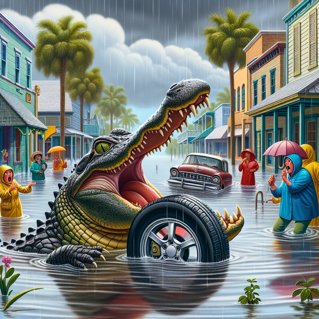 BREAKING: Gator-gate Strikes Milton, Florida!

In a jaw-dropping, scale-scratching incident that has left residents of Milton, Florida shell-shocked, a gargantuan alligator emerged from the floodwaters of the Blackwater River and took a big bite out of a vehicle’s tire