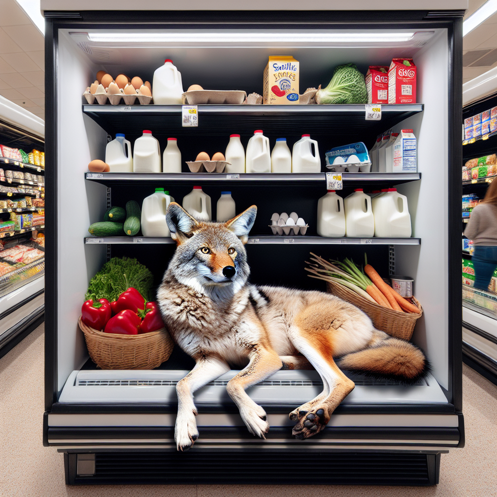 BREAKING: Coyote Caught Chilling in Aldi Fridge, Authorities Baffled

In a bizarre incident that has left wildlife experts and grocery shoppers alike scratching their heads, a bewildered coyote was discovered lounging on the refrigerated shelf of an Aldi grocery store in the Chicago suburbs on Monday