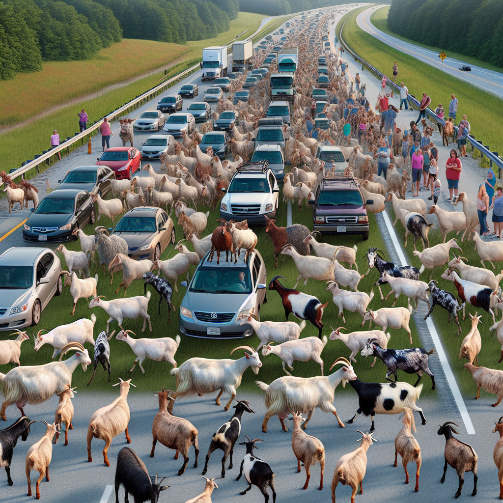 BREAKING: FLEECY FIASCO UNFOLDS ON I-64 AS ROGUE GOATS AND SHEEP BRING TRAFFIC TO A STANDSTILL

In a bizarre incident that has left motorists baffled and authorities bewildered, a massive herd of escaped goats and sheep brought traffic to a grinding halt on Interstate 64 in Virginia yesterday evening