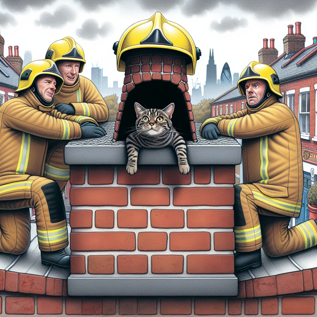 BREAKING: FELINE IN EXTREME DISTRESS RESCUED BY LONDON’S BRAVEST

In a daring operation that will go down in the annals of history as one of the most dramatic rescues of the century, the London Fire Brigade was called upon to save a cat who had fled from his owner’s vacuum cleaner and become stuck in a chimney for a whopping 48 hours