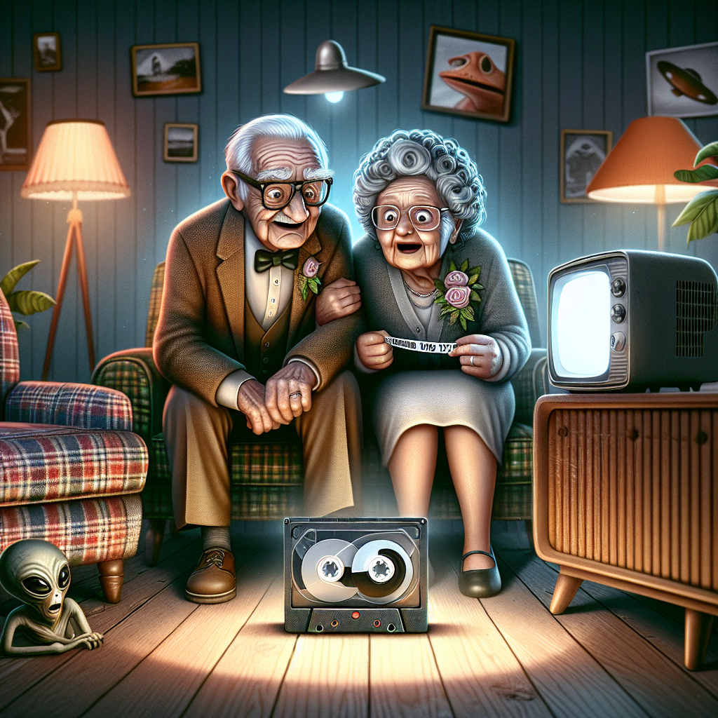 MIRACLE OF LOVE: COUPLE REUNITES WITH LOST WEDDING VIDEO AFTER 57 YEARS, DISCOVERS THEY’RE ACTUALLY ALIENS

In a stunning turn of events, a local couple, Harold and Mabel, has been reunited with their long-lost wedding video, 57 years after it mysteriously vanished during a freak tornado that swept through their backyard BBQ