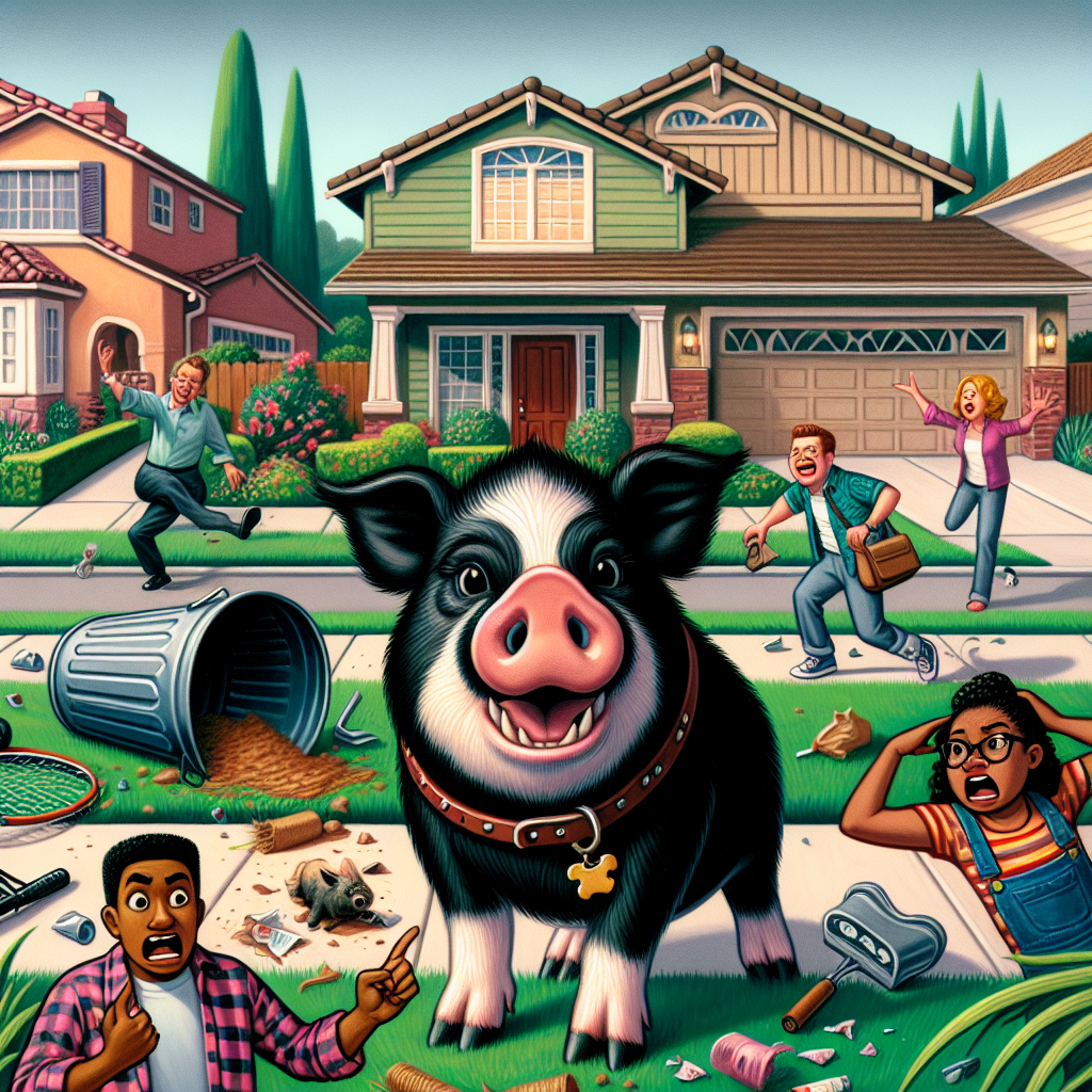 BREAKING: ROGUE PIG WREAKS HAVOC ON CALIFORNIA NEIGHBORHOOD, RESIDENTS AT THEIR WIT’S END

In a bizarre saga that has left residents of a quiet California neighborhood scratching their heads and fuming, a marauding pet pig named Wiggly has been wreaking havoc on the community