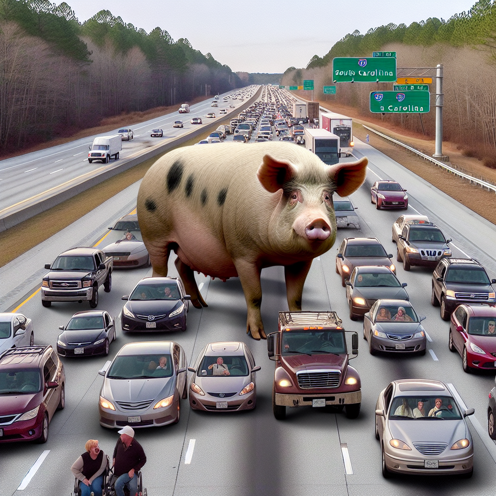 BREAKING: PIG-GATE ROCKS I-95!

In a bizarre incident that has left motorists and authorities alike in stitches, a rogue pig brought traffic to a standstill on a busy stretch of I-95 in South Carolina yesterday evening