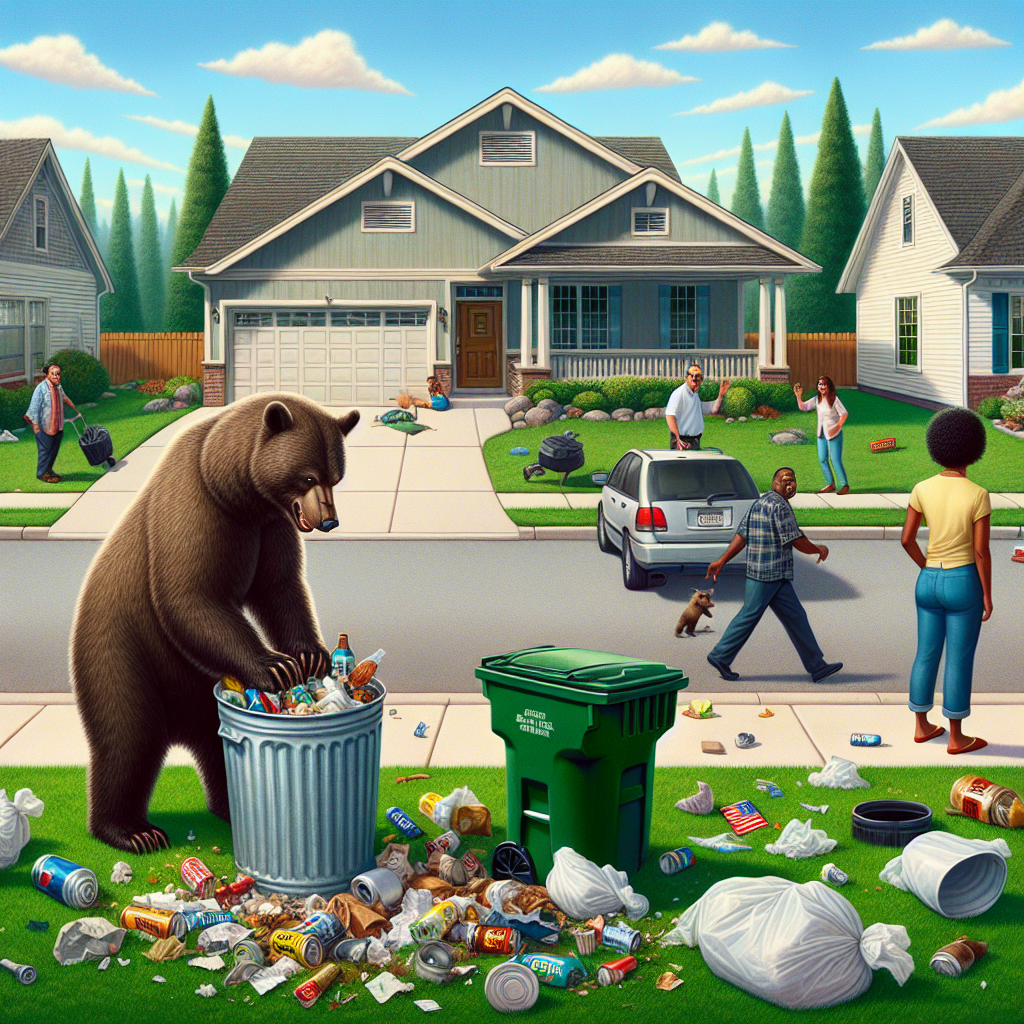BREAKING: BEAR BREAKS INTO TRASH CAN, CAUSES PANDEMONIUM IN SUBURBAN NEIGHBORHOOD

Los Angeles, CA – In a daring heist, a brazen bear was caught on camera rummaging through a resident’s trash can in a quiet suburban neighborhood, leaving a trail of destruction and utter chaos in its wake