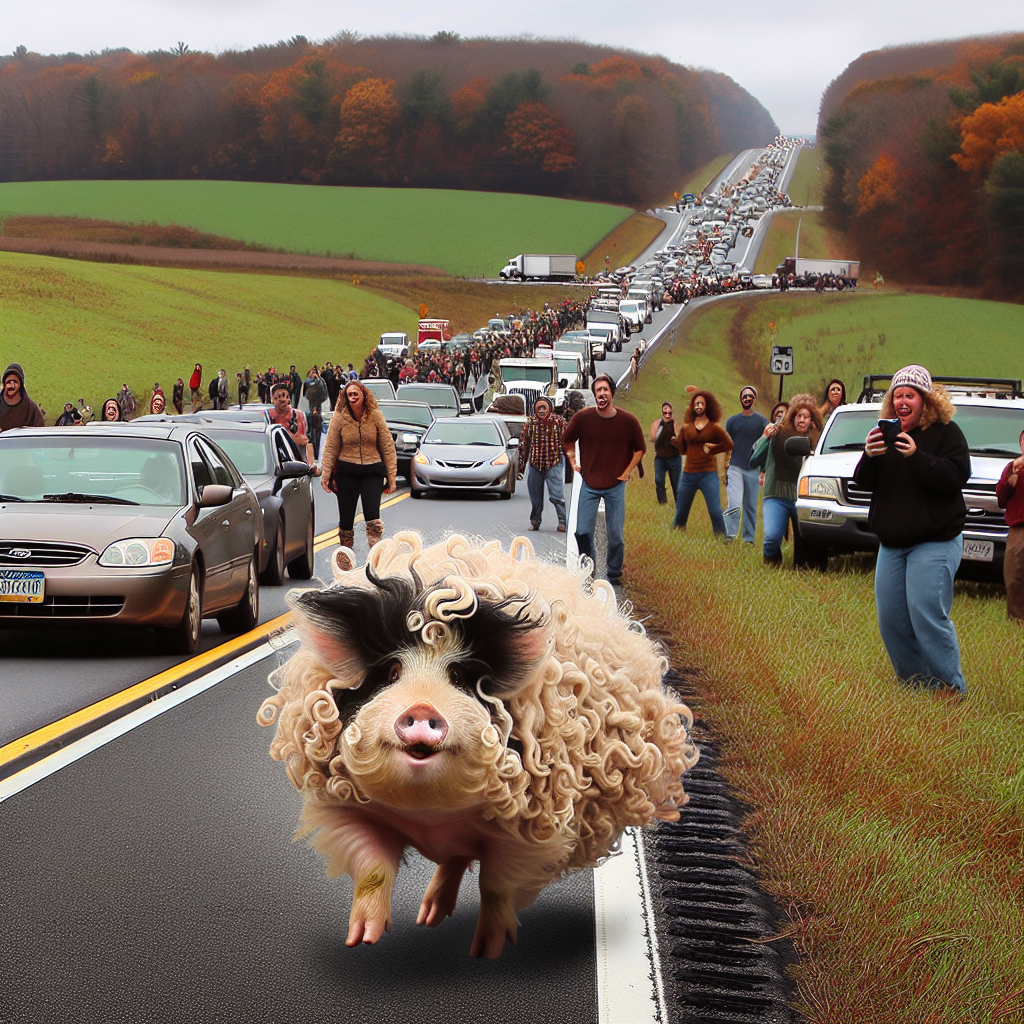 BREAKING: PIG ON THE LOOSE!

In a daring drama that has left residents of rural Pennsylvania in stitches, a curly-haired pig named Percy made a break for it yesterday evening, escaping from a trailer on I-81 and bringing traffic to a standstill