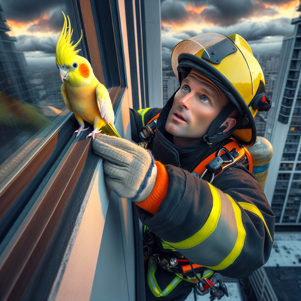 BREAKING: FEATHERED FUGITIVE FOILED BY FEARLESS FIRST RESPONDERS

In a daring rescue that has left the city in awe, a cockatiel named Sunny was plucked from the jaws of disaster yesterday evening, perched precariously on the sixth-story window ledge of a downtown high-rise