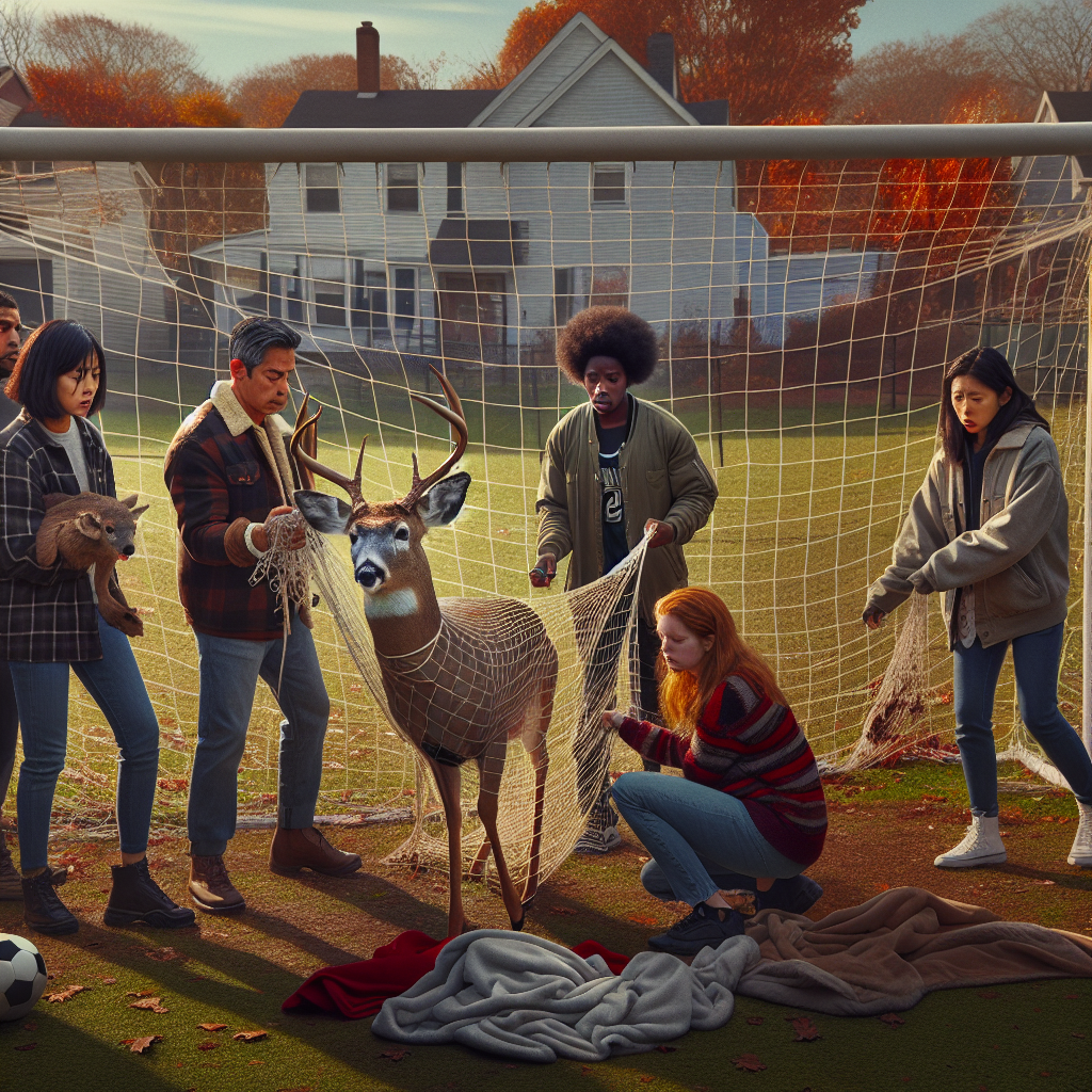 Local Heroes Capture Epic Saga of Bambi’s Daring Escape from the Great Outdoors

In a thrilling twist of fate that can only be described as a set piece straight out of an Oscar-winning blockbuster, a deer found itself entangled in a soccer net in the heart of suburban New York this week