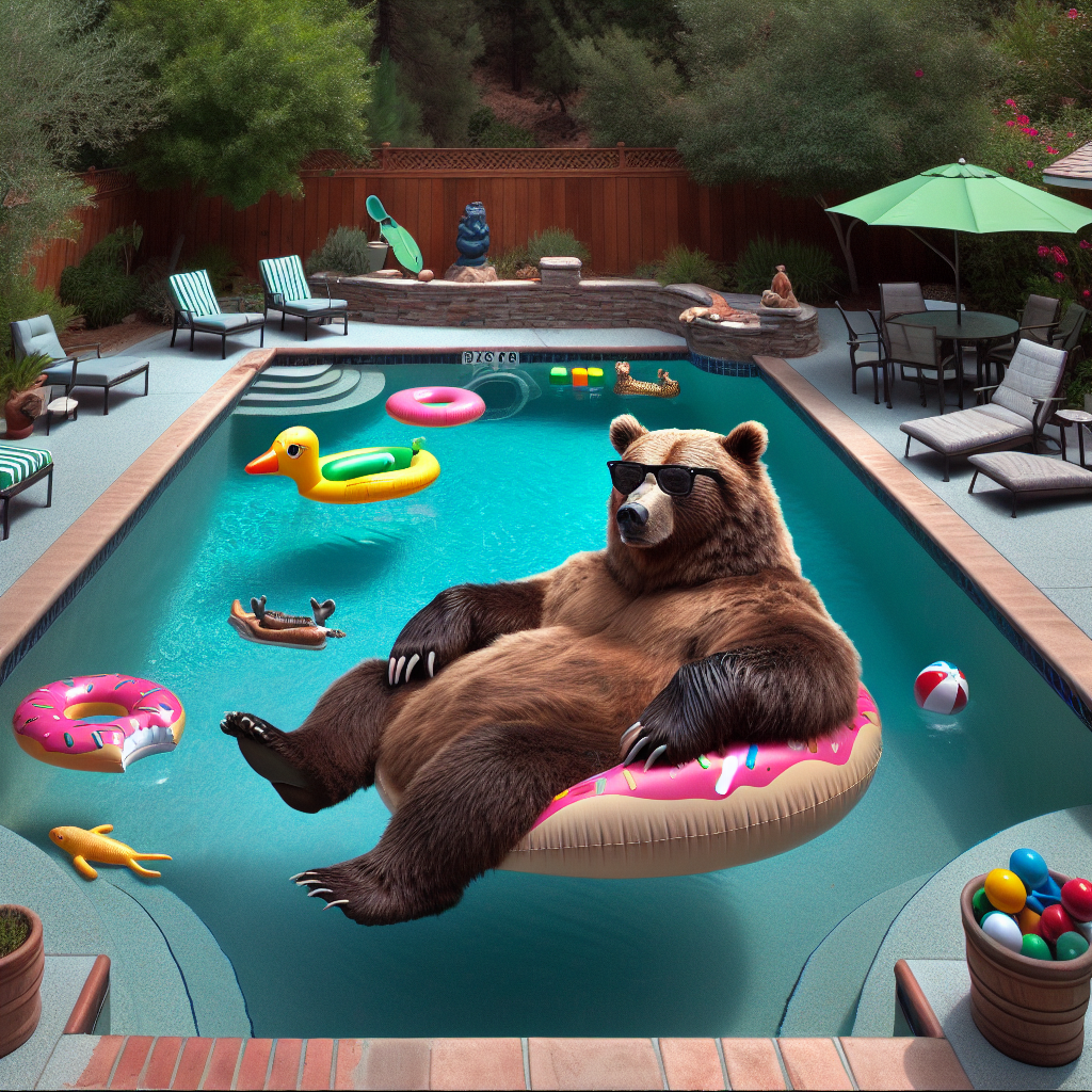 “Bear Necessities: Furry Friend Takes the Plunge (Literally) in California Family’s Pool”

In a move that has left neighbors scratching their heads and the family who owns the pool wondering what they’ve done to deserve this, a bear has taken up residence in a California family’s backyard