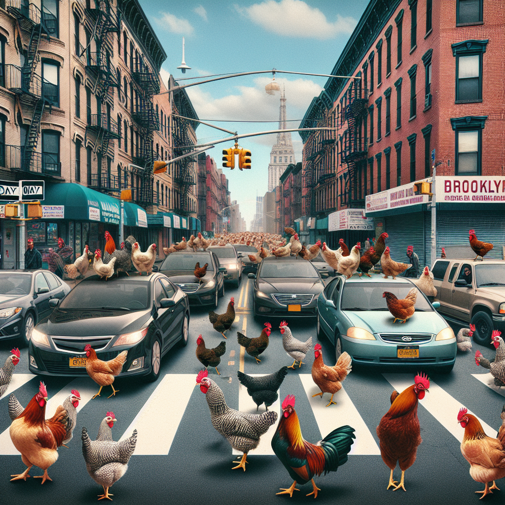 “Clucking Chaos Ensues as Fowl-Minded Frenzy Takes Over Brooklyn Roads”

In a bizarre incident that has left residents scratching their heads and motorists clucking with frustration, dozens of chickens have escaped into the streets of Brooklyn, bringing traffic to a standstill and causing utter pandemonium