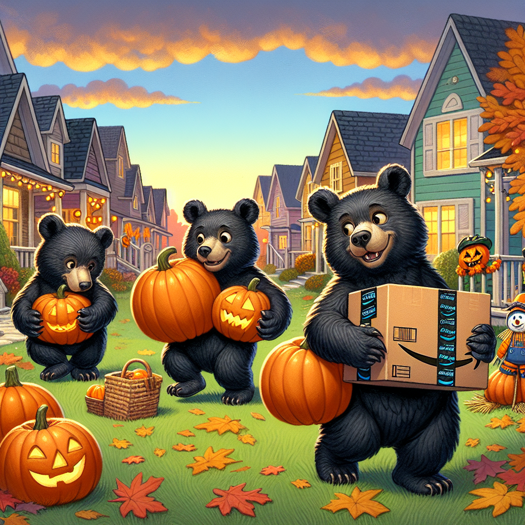 “Bears Gone Wild (and Hungry): Pumpkin Pillagers Wreak Havoc in Suburban Neighborhood”

In a bizarre incident that has left homeowners scratching their heads and wondering what’s next, a trio of rambunctious black bear cubs have been caught on camera making off with a family’s Halloween pumpkins – and Amazon packages to boot!

The adorable bandits, whose names are not available due to their lack of opposable thumbs and ability to hold pens, were spotted by a doorbell camera in a quiet suburban neighborhood