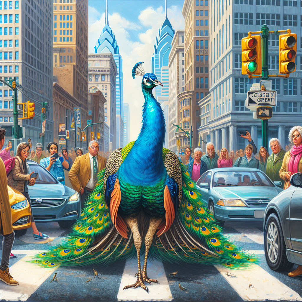 Peacock Parade: Philadelphia’s Newest Celebrity Causes Traffic Jam

Philadelphia – In the latest episode of “Wildlife in the City,” local authorities were forced to step up their game this week when an extravagant peacock, clearly oblivious to the daily grind of urban life, decided to take a leisurely stroll through the bustling streets of Philadelphia