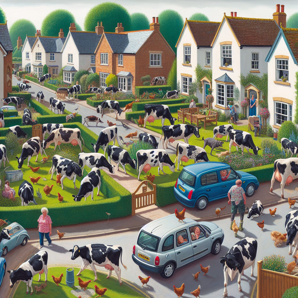 “Cow-abunga! Flock of Fugitive Cows Brings Chaos to Quiet English Suburb”

In a bizarre incident that has left residents of a quiet English suburb scratching their heads, a group of approximately 45 cows broke free from a nearby farm and embarked on a rampage through the neighborhood