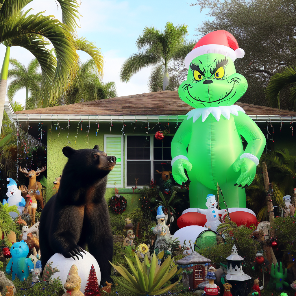 Florida Bear’s Christmas Spirit: Steals Inflatable Grinch from Local Family’s Yard

In a shocking turn of events that has left local residents both baffled and amused, a bear broke into a Florida family’s yard and executed a heist worthy of Hollywood