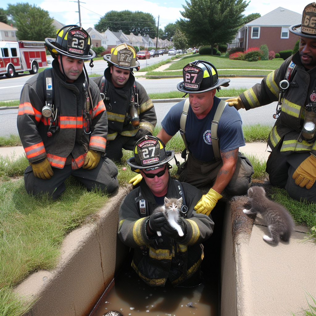 Heroic Firefighters Bravely Enter Storm Drain to Rescue Precious Pooch – Oh, Wait, It’s Just a Kitten

In a dazzling display of heroism that can only be rivaled by an Avengers movie, the brave firefighters of Bumbletown have once again thrown caution to the wind to swoop in and save a forlorn little furball—this time, a kitten who found itself hopelessly trapped in a storm drain